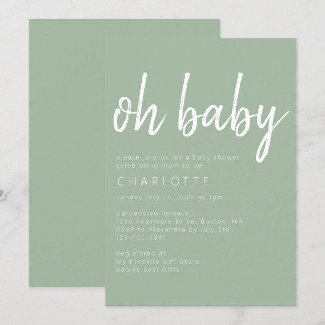 Oh Baby Sage Green Gender Neutral Baby Shower Invitation (Front/Back)