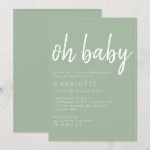 Oh Baby Sage Green Gender Neutral Baby Shower Invitation