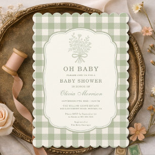 Oh Baby Sage Green Gingham Baby Shower Invitation