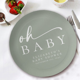 Oh Baby Sage Green Minimalist Baby Shower Paper Plate