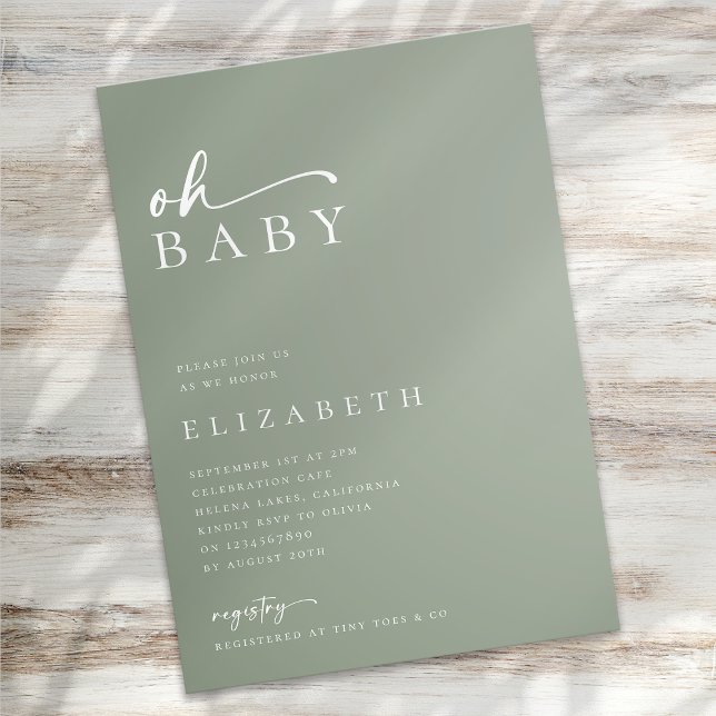 Oh Baby Sage Green Minimalist Script Baby Shower Invitation (Creator Uploaded)