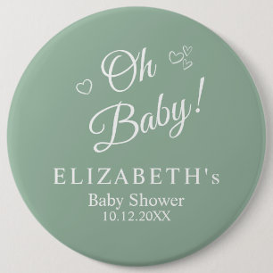 "Oh Baby" Sage Green Modern Minimalist Baby Shower 6 Cm Round Badge