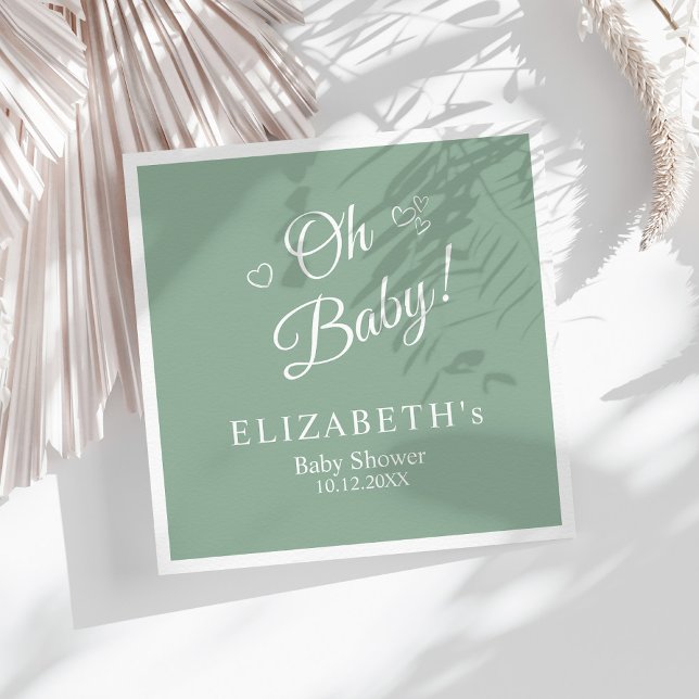 "Oh Baby" Sage Green Modern Minimalist Baby Shower Napkin ("Oh Baby" Sage Green Modern Minimalist Baby Shower Napkins on a sunny boho white table.)