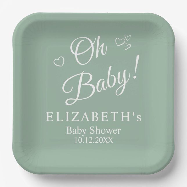 "Oh Baby" Sage Green Modern Minimalist Baby Shower Paper Plate (Front)