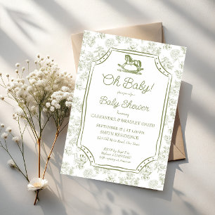Oh baby sage green rocking horse baby shower invitation