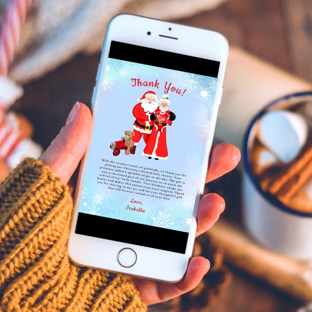 Oh Baby Santa & Mrs. Claus Baby Shower Thank You Card (Share gratitude with Santa & Mrs. Claus Baby Shower Thank You Card. Magical design embodies love.)