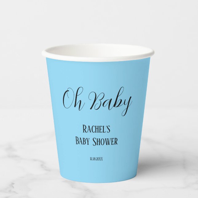 Oh Baby Script Boys Girls Baby Shower Sky Blue Paper Cups (Front)