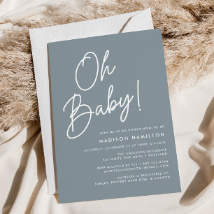Oh Baby Script Dusty Blue Minimalist Baby Shower Invitation