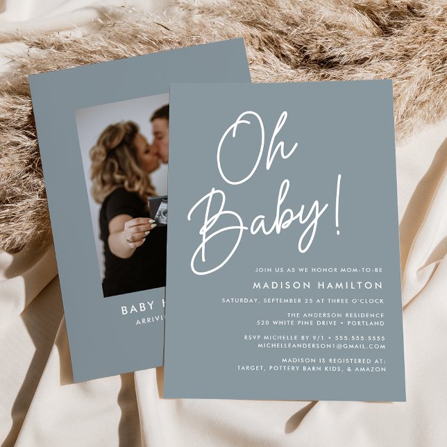 Oh Baby Script Dusty Blue Photo Baby Shower Invitation (Creator Uploaded)