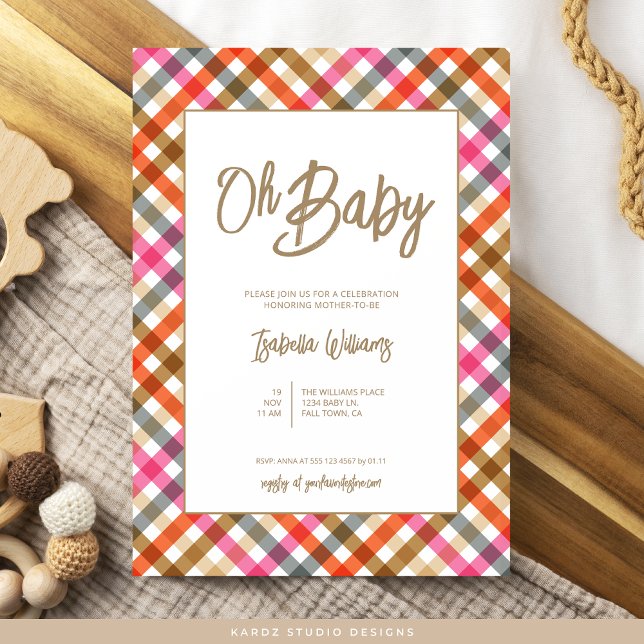 Oh Baby Script Gingham Baby Shower Invitation (Invite shown in 5 x 7 inches, choose size, paper and corner style. Buy print or digital invitations.)