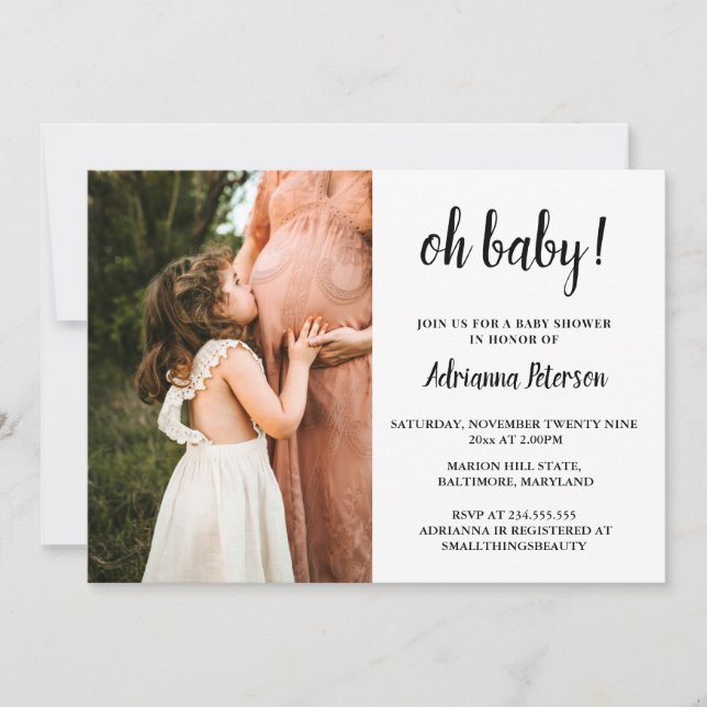 Oh Baby Script Pink Baby Shower Photo Chevron Invitation (Front)