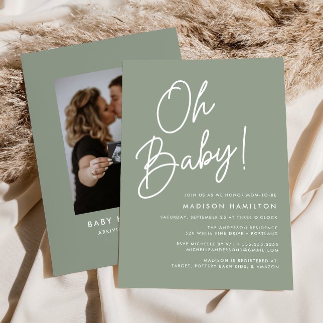 Oh Baby Script Sage Green Photo Baby Shower Invitation (Creator Uploaded)