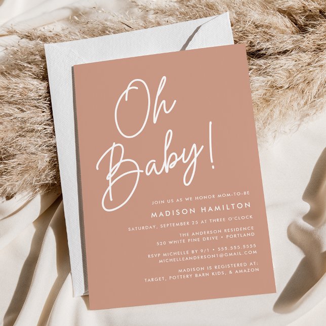Oh Baby Script Terracotta Minimalist Baby Shower Invitation (Creator Uploaded)