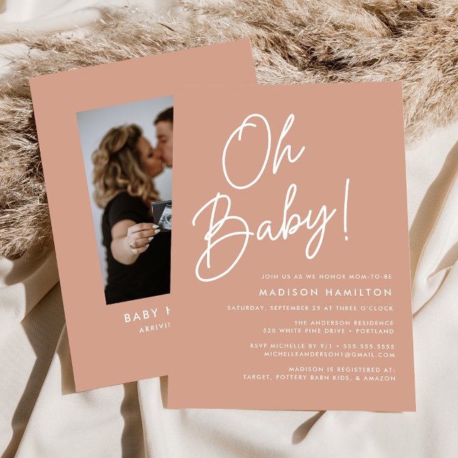 Oh Baby Script Terracotta Photo Baby Shower Invitation (Creator Uploaded)