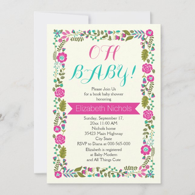 Oh Baby shower aqua and pink floral border Invitation (Front)
