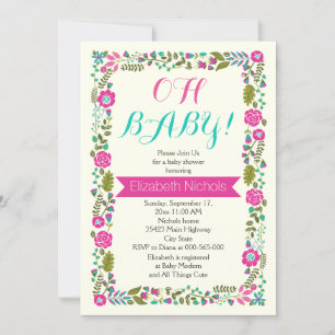 Oh Baby shower aqua, pink modern floral border Invitation