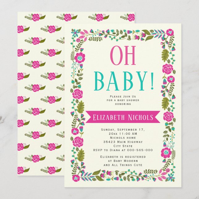 Oh Baby shower aqua, pink modern floral border Invitation (Front/Back)