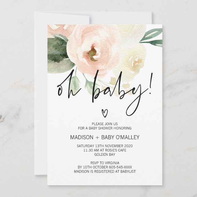 Oh Baby Shower Baby Girl Blush Pink Florals Invitation (Front)