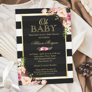 Oh Baby Shower Black Gold Vintage Floral Decor Invitation