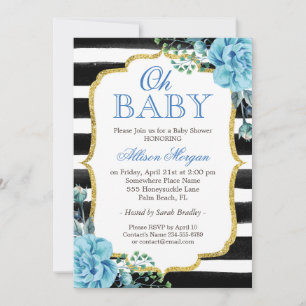 Oh Baby Shower Blue Floral Gold Black Stripes Invitation