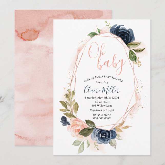 Oh Baby Shower Blush and Navy invitation (Front/Back)