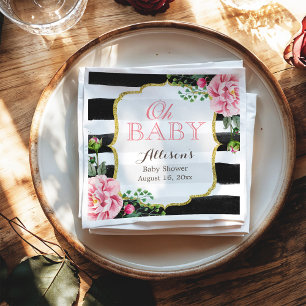 Oh Baby Shower Blush Pink Floral Gold Stripes Napkin
