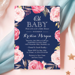 Oh Baby Shower Botanical Floral Wreath Navy Blue Invitation