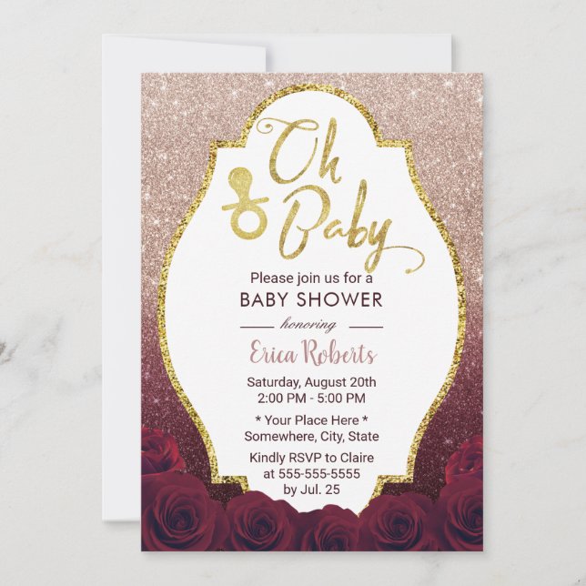 Oh Baby Shower Burgundy & Rose Gold Ombre Glitter Invitation (Front)