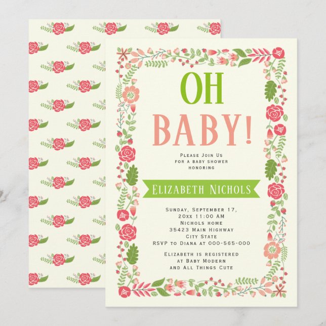 Oh Baby shower coral pink lovely floral border Invitation (Front/Back)