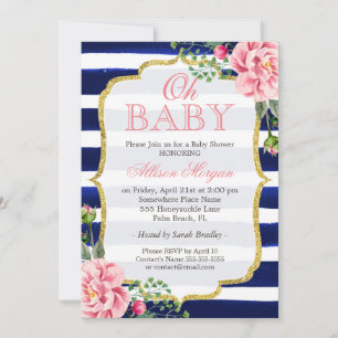 Oh Baby Shower Floral Gold Navy Blue Stripes Invitation