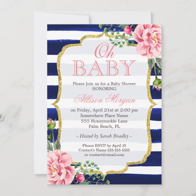 Oh Baby Shower Floral Gold Navy Blue Stripes Invitation (Front)