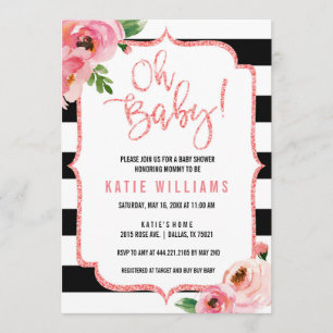 Oh Baby Shower Floral Pink Striped Invitation