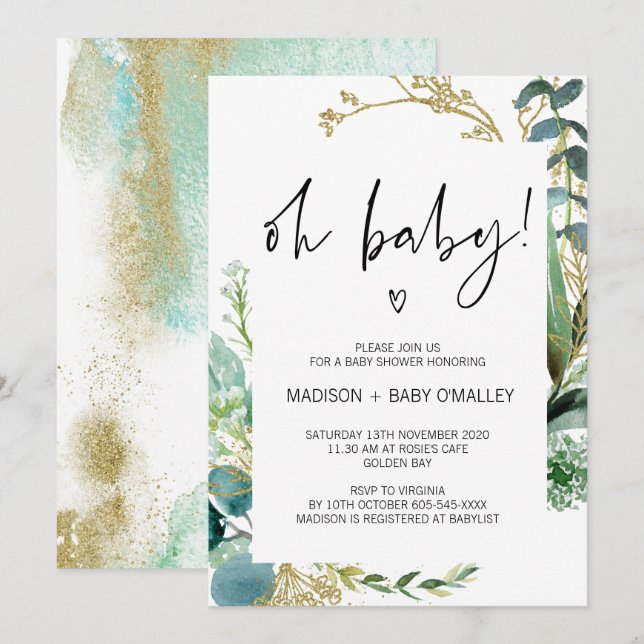 Oh Baby Shower Gender Neutral Baby Bash Greenery Invitation (Front/Back)