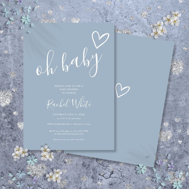 Oh Baby Shower Heart Dusty Blue Minimalist Invitation (Oh Baby Shower Heart Dusty Blue Minimalist Invitation)