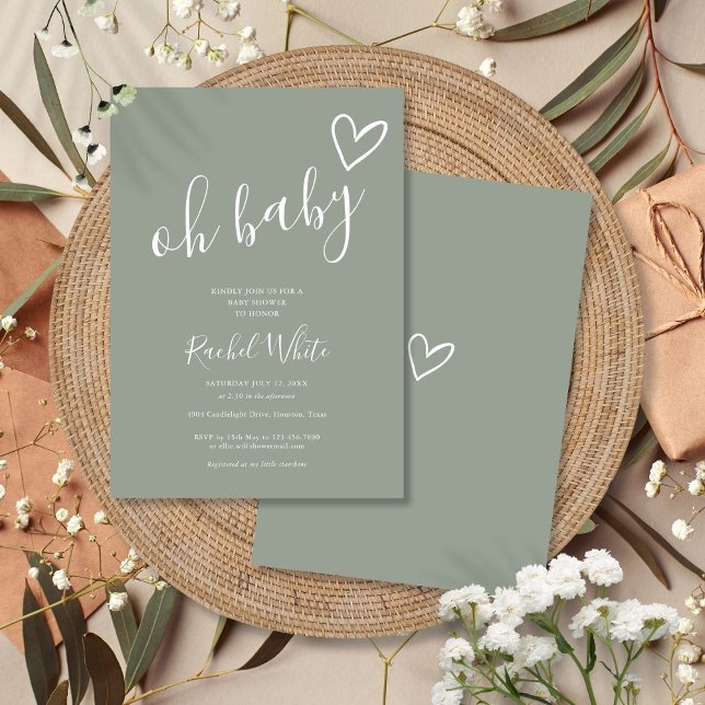 Oh Baby Shower Heart Sage Green Minimalist Invitation (Oh Baby Shower Heart Sage Green Minimalist Invitation)