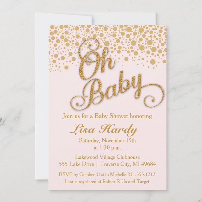 Oh Baby Shower Invitation | Blush Pink and Gold (Front)