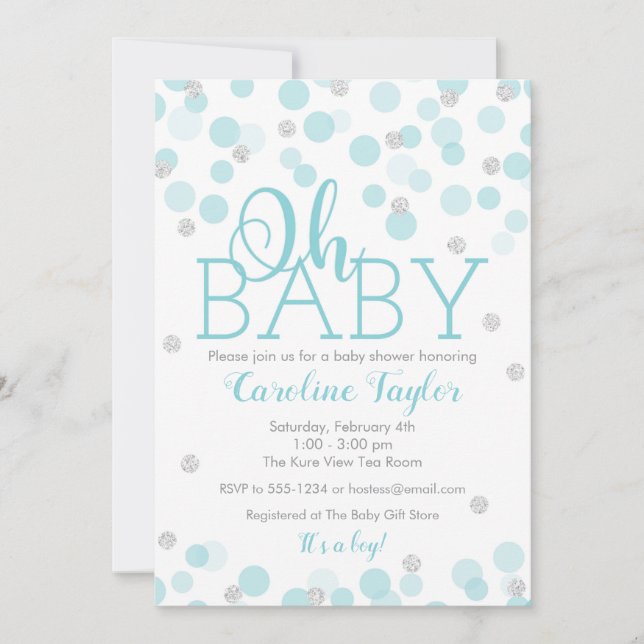 Oh Baby Shower Invitation Boy Blue Silver Glitter (Front)
