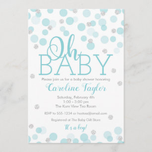 Oh Baby Shower Invitation Boy Blue Silver Glitter