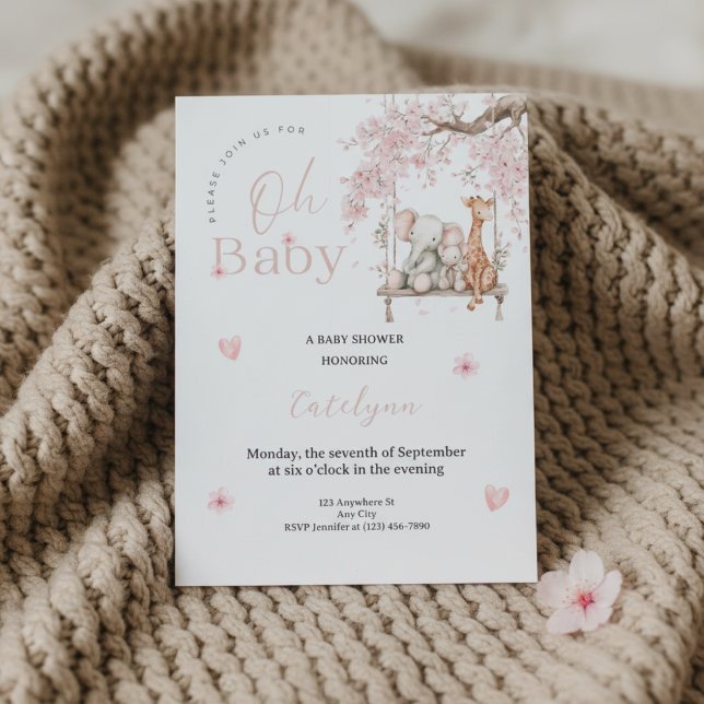 Oh Baby Shower Invitation • Cherry Blossom Theme (Soft beige knit blanket with Oh Baby shower invitation and pink blossom accents)