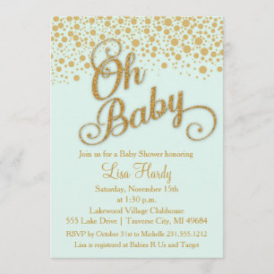 Oh Baby Shower Invitation   Mint and Gold Glitter