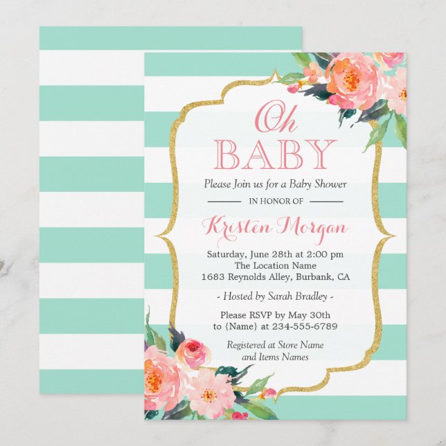 Oh Baby Shower Mint Green Stripes Pink Floral Invitation (Front/Back)