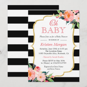 Oh Baby Shower Modern Floral Gold Frame Stripes Invitation