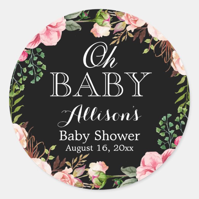 Oh Baby Shower Modern Romantic Floral Decor Classic Round Sticker (Front)