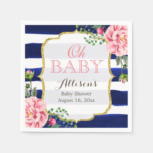 Oh Baby Shower Pink Floral Navy Blue Stripes Napkin (Front)