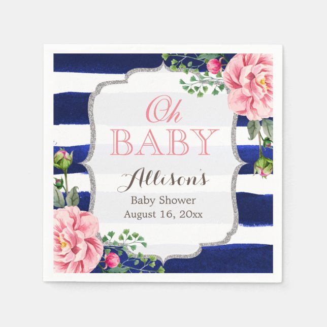 Oh Baby Shower Pink Floral Silver Navy Stripes Napkin (Front)