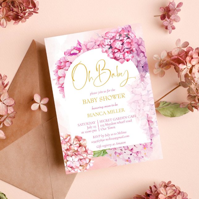 Oh baby shower pink hydrangeas elegant floral arch invitation (Oh baby shower pink hydrangeas baby shower invitation it's a girl )