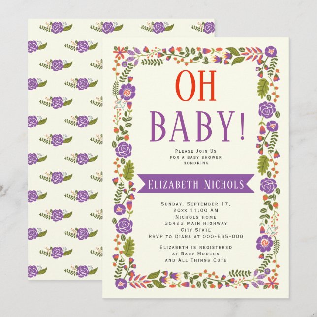 Oh Baby shower purple & orange floral border Invitation (Front/Back)