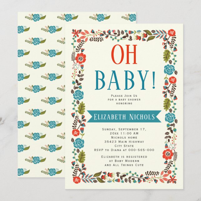Oh Baby shower red and teal modern floral border Invitation (Front/Back)