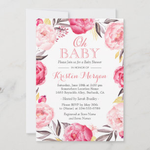 Oh Baby Shower Romantic Botanical Floral Wreath Invitation