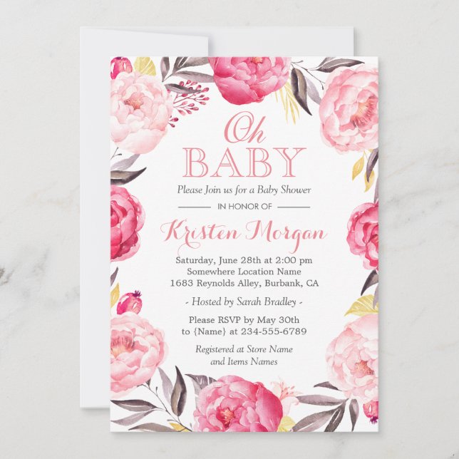 Oh Baby Shower Romantic Botanical Floral Wreath Invitation (Front)
